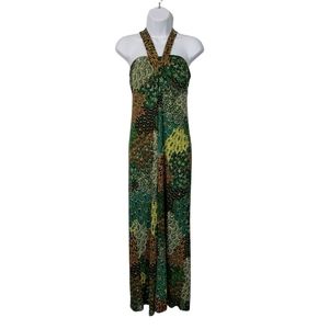 👗Body Central Maxi Dress Halter  Peacock Pattern-Size(M)(Buy Now Only)No Offers